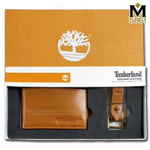 Timberland 【南紡購物中心】 男皮夾 短夾 簡式卡夾+鑰匙圈套組 品牌盒裝+原廠提袋棕色