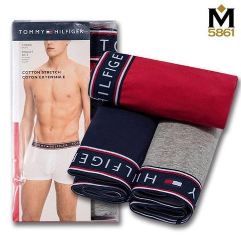 Tommy Hilfiger 男內褲 四角男內褲 純棉 中低腰 超值3件盒組 紅+藍+灰-三色