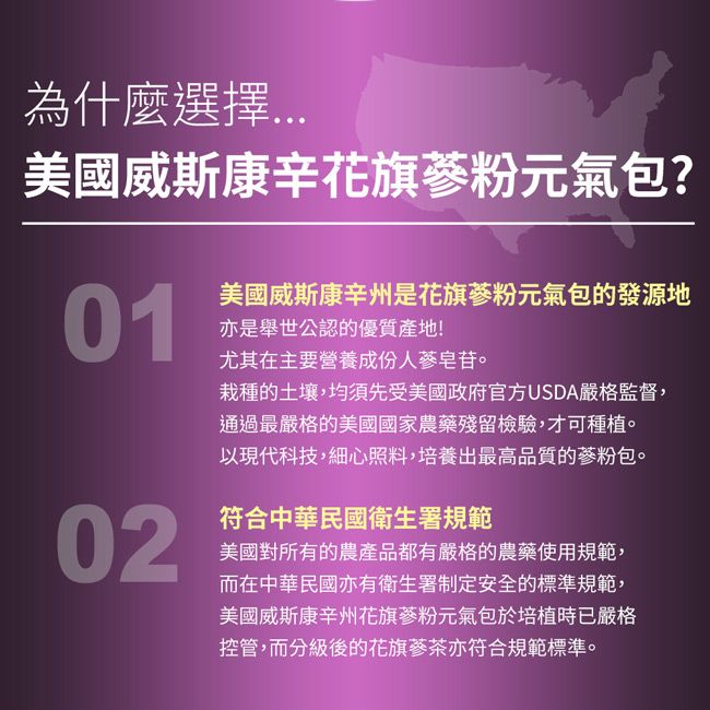 為什麼選擇美國威斯康辛花旗蔘粉元氣包?01亦是舉世公認的優質產地!美國威斯康辛州花旗蔘粉元氣包的發源地尤其在主要營養成份人蔘皂苷。栽種的土壤,均須先受美國政府官方USDA嚴格監督,通過最嚴格的美國國家農藥殘留檢驗,才可種植。以現代科技,細心照料,培養出最高品質的蔘粉包。02符合中華民國衛生署規範美國對所有的農產品都有嚴格的農藥使用規範,而在中華民國亦有衛生署制定安全的標準規範,美國威斯康辛州花旗蔘粉元氣包於培植時已嚴格控管,而分級後的花旗蔘茶亦符合規範標準。