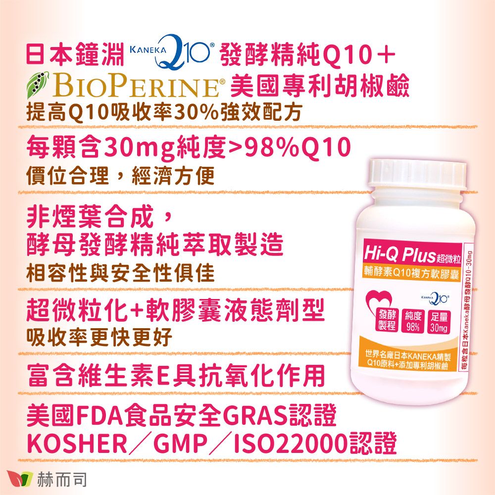 日本鐘淵KANEKA 發酵精純Q10+BIOPERINE® 美國專利胡椒鹼提高Q10吸收率30%強效配方每顆含30mg純度98%Q10價位合理,經濟方便非煙葉合成,酵母發酵精純萃取製造相容性與安全性俱佳超微粒化+軟膠囊液態劑型吸收率更快更好富含維生素E具抗氧化美國FDA食品安全GRAS認證Hi-Q Plus 超微粒 輔酵素Q10複方軟膠囊發酵純度 足量製程 98%30mg世界名廠日本KANEKA精製Q10原料+添加專利胡椒鹼KOSHER/GMP/ISO22000認證赫而司每粒含日本Kaneka酵母發酵Q10-30mg