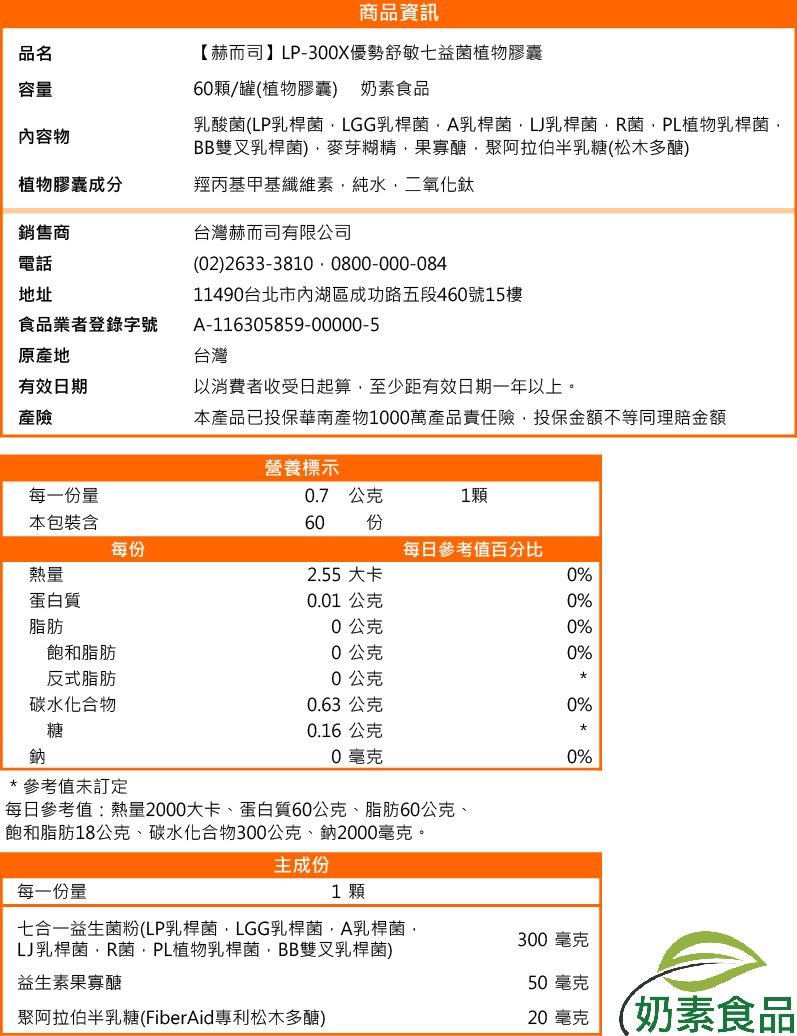 品名容量內容物商品資訊【赫而司】LP-3X優勢舒敏七益菌植物膠囊6顆/罐(植物膠囊) 奶素食品乳酸菌(LP乳桿菌LGG乳桿菌A乳桿菌乳桿菌R菌PL植物乳桿菌BB雙叉乳桿菌)糊精果聚阿拉伯半乳糖(松木多醣)植物膠囊成分羥丙基甲基纖維素純水二氧化鈦銷售商電話地址食品業者登錄字號原產地有效日期產險台灣赫而司有限公司(02) 2633-3810 0800-000-08411490台北市內湖區成功路五段460號15樓A-116305859-00000-5台灣以消費者收受日起算至少距有效日期一年以上。本產品已投保華南產物1000萬產品責任險投保金額不等同理賠金額每一份量本包裝含每份熱量蛋白質脂肪飽和脂肪反式脂肪碳水化合物營養標示0.7 公克1顆60 份每日參考值百分比2.55 大卡00.01 公克00公克0公克0%0%0公克  %  0%0%鈉糖*參考值未訂定0.63公克0.16公克0毫克每日參考值:熱量2000大卡、蛋白質60公克、脂肪60公克、飽和脂肪18公克、碳水化合物300公克、鈉2000毫克。主成份每一份量1顆七合一益生菌粉(LP乳桿菌LGG乳桿菌A乳桿菌LJ乳桿菌R菌·PL植物乳桿菌,BB雙叉乳桿菌)300毫克益生素果寡醣50毫克聚阿拉伯半乳糖(FiberAid專利松木多醣)20毫克 奶素食品