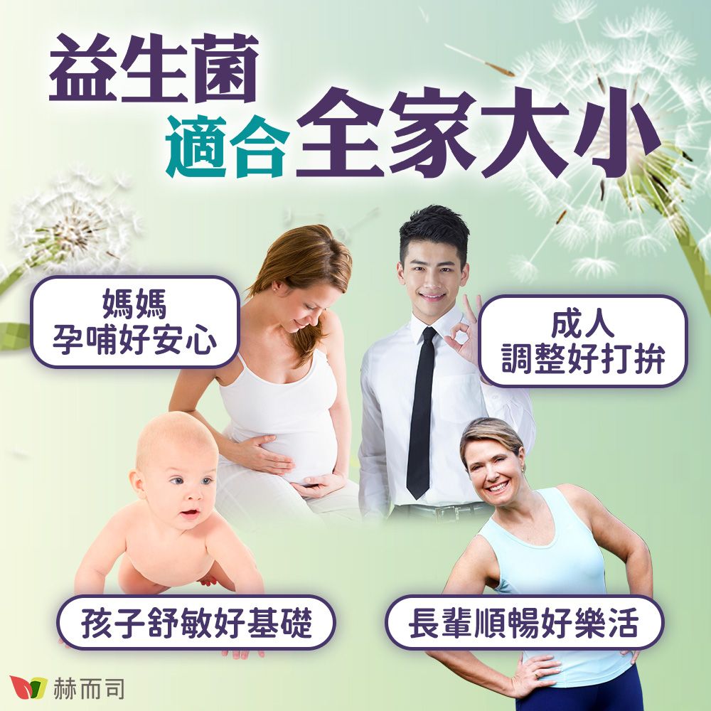 益生菌適合全家大小媽媽成人孕哺好安心調整好打拚孩子舒敏好基礎長輩順暢好樂活赫而司