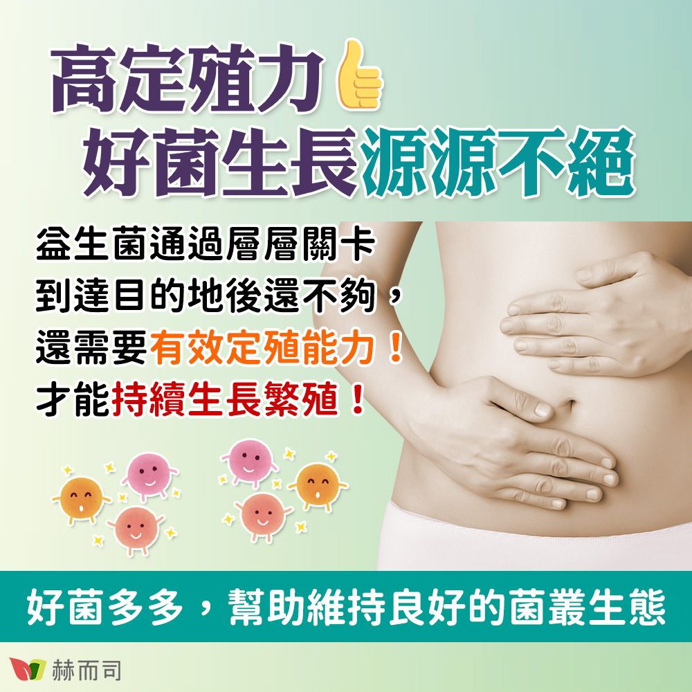 定殖力好菌生長源源不絕益生菌通過層層關卡到達目的地後還不夠,還需要有效定殖能力!才能持續生長繁殖!好菌多多,幫助維持良好的菌叢生態赫而司