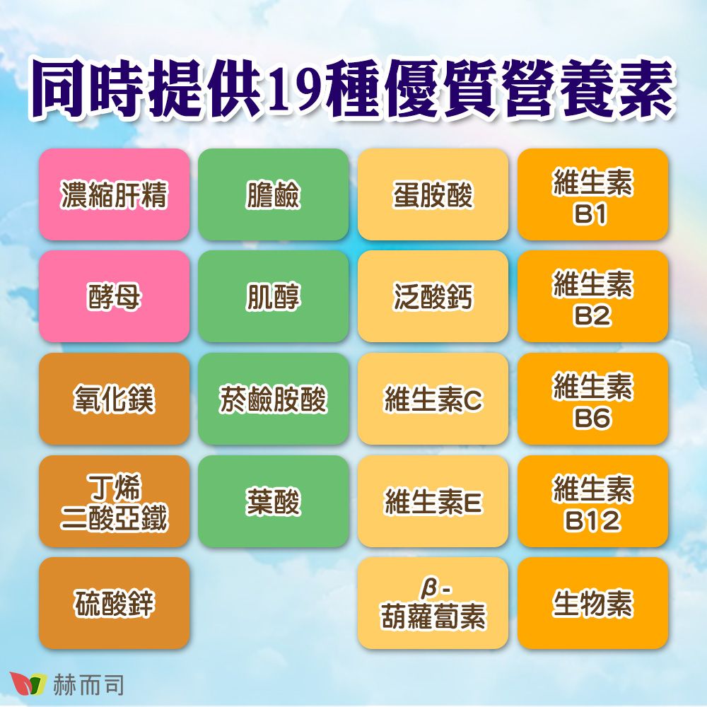 同時提供19種優質營養素濃縮肝精膽鹼蛋胺酸維生素B1酵母肌醇泛酸鈣維生素B2氧化鎂菸鹼胺酸維生素C維生素B6丁烯葉酸維生素E維生素二酸亞鐵B12硫酸鋅生物素葫蘿蔔素赫而司