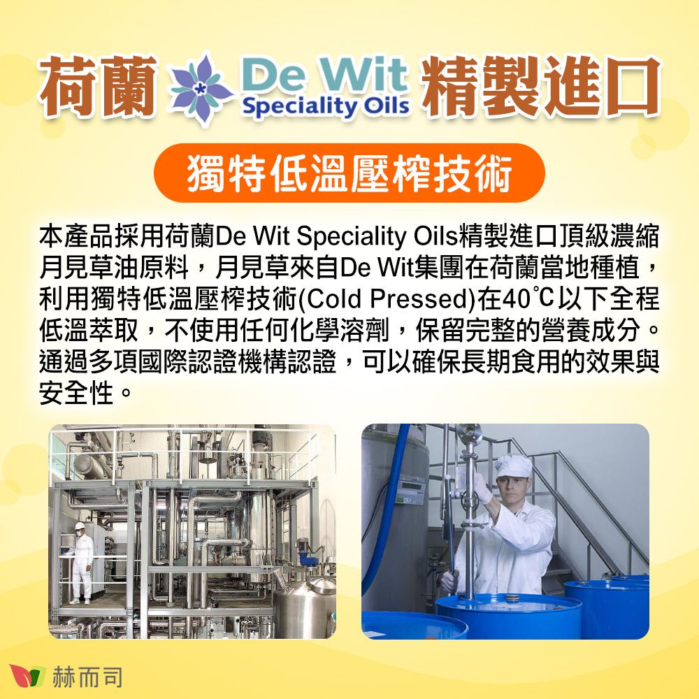 荷蘭 Wit 精製進口Speciality Oils獨特低溫壓榨技術本產品採用荷蘭De Wit Speciality Oils精製進口頂級濃縮月見草油原料,月見草來自De Wit集團在荷蘭當地種植,利用獨特低溫壓榨技術(Cold Pressed)在40以下全程低溫萃取,不使用任何化學溶劑,保留完整的營養成分。通過多項國際認證機構認證,可以確保長期食用的效果與安全性。赫而司