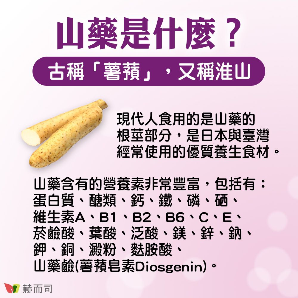 山藥是什麼?古稱「薯蕷」,又稱淮山現代人食用的是山藥的根莖部分,是日本與臺灣經常使用的優質養生食材。山藥含有的營養素非常豐富,包括有:蛋白質、醣類、鈣、鐵、磷、硒、維生素A、B1、B2、B6、C、E、菸鹼酸、葉酸、泛酸、鎂、鋅、鈉、鉀、銅、澱粉、麩胺酸、山藥鹼(薯蓣皂素Diosgenin)。赫而司