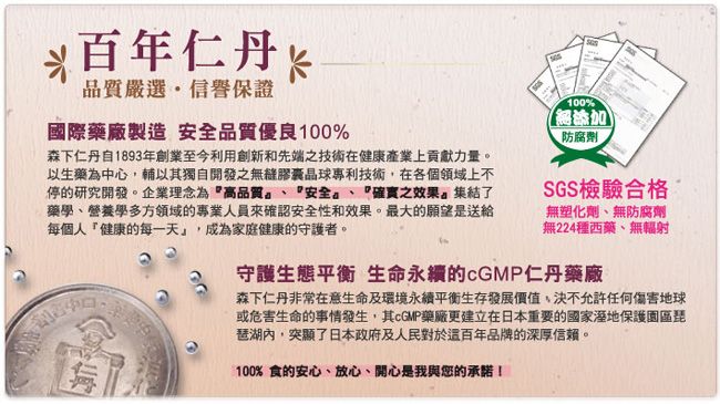 百年品質嚴選信譽保證國際藥廠製造 安全品質優良100%森下仁丹自1893年創業至今利用創新和先端之技術在健康產業上貢獻力量以生藥為中心輔以其獨自開發之無縫膠囊球專利技術,在各個領域上不停的研究開發。企業理念為高品質、『安全 『確實之效果。集結藥學、營養學多方領域的專業人員來確認安全性和效果。最大的願望是送給每個人健康每一天」,成為家庭健康的守護者。100%添加防腐劑SGS檢驗合格無塑化劑、無防腐劑無224種西藥、無輻射守護生態平衡 生命永續的仁丹藥廠森下仁丹非常在意生命及環境永續平衡生存發展價值,決不允許任何傷害地球或危害生命的事情發生,其cGMP藥廠更建立在日本重要的國家溼地保護園區琵琶湖內,突顯了日本政府及人民對於百年品牌的深厚信賴。100%食的安心、放心、開心是我與您的承諾!