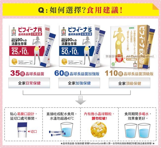 Q如何選擇?食用建議!晶球長益健晶球長益菌健活菌生存率活菌生存率1010%350 晶球長益菌全家日常保健菌雅版: Rights Reserved.100オリゴ配合晶球長益菌加強版 1100 晶球長益菌頂級版全家加強保健全家頂級保健貼心易撕口設計,延切口處可撕開。直接吃或配水食用。 內有微小晶球顆粒,水溫勿超過40請勿咬破!食用期間多喝水,效果會更好。 切口晶球長益菌加強保健 榮獲FashionGuide華人第一女性時尚美妝傳媒特優商品最高榮譽!★