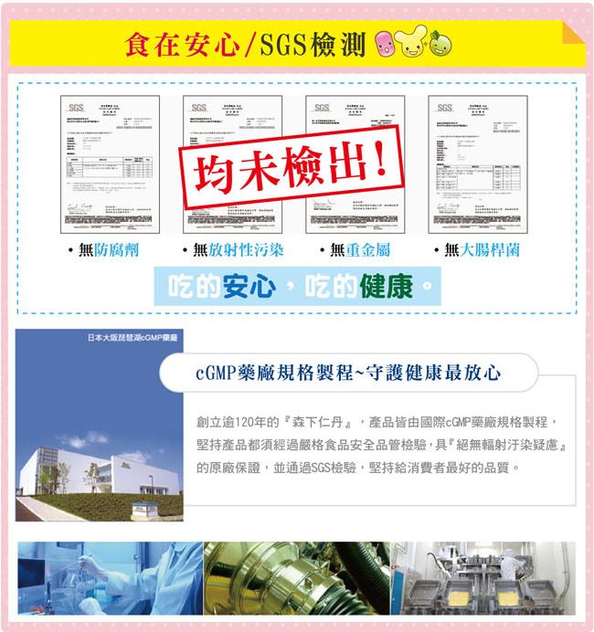 食在安心/SGS檢測均未檢出!無防腐劑無放射性污染無重金屬無大腸桿菌吃的安心吃健康日本大阪琵琶湖藥廠規格製程~守護健康最放心創立逾120年的『森下仁丹產品皆由國際藥廠規格製程,堅持產品都須經過嚴格食品安全品管檢驗,具『絕無輻射汙染疑慮』的原廠保證,並通過SGS檢驗,堅持給消費者最好的品質。