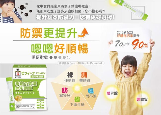 家中寶貝經常東西拿了就往嘴裡塞!無形中吃進了許多灰塵跟細菌。您不擔心嗎?!「提升基本防禦力您有更好選擇!防禦更提升嗯嗯好順暢2015新配方活菌存活率提升%暢便指數雅版權所有, Rights Reserved. Vitality季節の体調整排調便順暢 整體質守る力でイキイキ防暢耐胃酸禦提升而不瀉省調體質下衛生紙