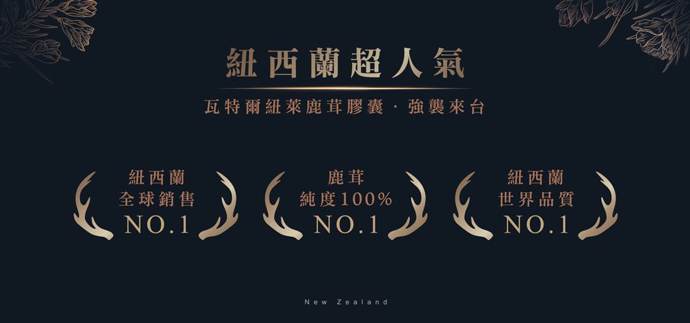 紐西蘭超人氣瓦特爾紐萊鹿茸膠囊·強襲來台紐西蘭鹿茸紐西蘭全球銷售純度100%世界品質NO.1NO.1NO.1New Zealand