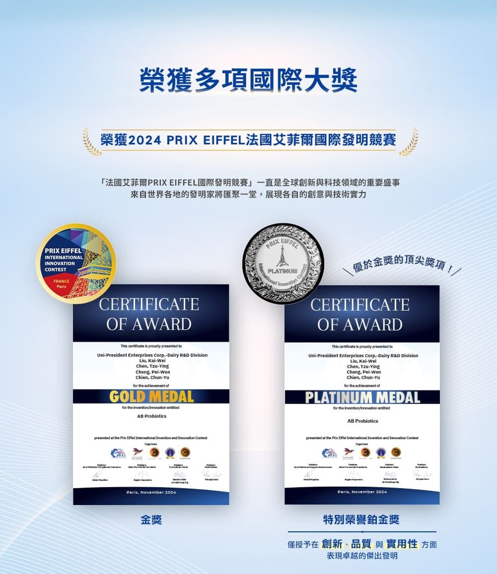 EIFFELITERNATIONALINNOVATIONCONTESTFRANCEPar榮獲多項國際大獎榮獲 PRIX EIFFEL法國艾菲爾國際發明競賽「法國艾菲爾PRIX EIFFEL國際發明競賽一直是全球創新與科技領域的重要盛事來自世界各地的發明家將匯聚一堂展現各自的創意與技術實力CERTIFICATEOF AWARDPRIX EIFFELPLATINUM 優於金獎的頂尖獎項CERTIFICATEOF AWARD!  is   toUniPresident Enterprises Corp.-Dairy R&D DivisionLiu Kai-WeiChen Tzu-YingCheng Pei-WenChien Chun-Yu  achievement GOLD MEDALfor the  AB ProbioticsThis certifice is   toUni-President Enterprises Corp.-Dairy R&D DivisionLiu. Kai-WeiChen, Tzu-YingCheng, Pei-WenChien, Chun-Yufor the achievement ofPLATINUM MEDALfor the / AB Probiotics  the     and   at the     and  Paris, November 2024金獎NParis, November 2024特別榮譽金獎僅授予在 創新、品質與實用性方面表現卓越的傑出發明
