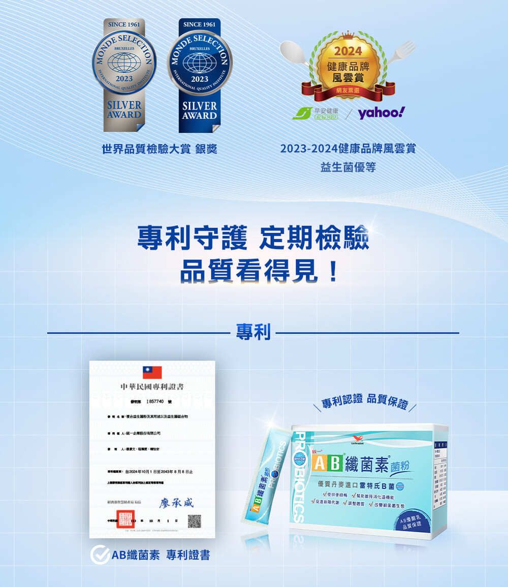 SINCE 1961MONDESINCE 1961SELECTECTION2024健康品牌風雲賞票選SILVERAWARD早安健康yahoo!世界品質檢驗大賞 銀獎2023-2024健康品牌風雲賞益生菌優等守護 定期檢驗品質看得見!專利中華民國專利證書 1857740號專利年10月1日至2043年8月8日止廖承威AB纖菌素 專利證書纖菌素BIOTICS專利認證 品質保證纖菌素 菌粉「優質丹麥進口氏菌品質保證