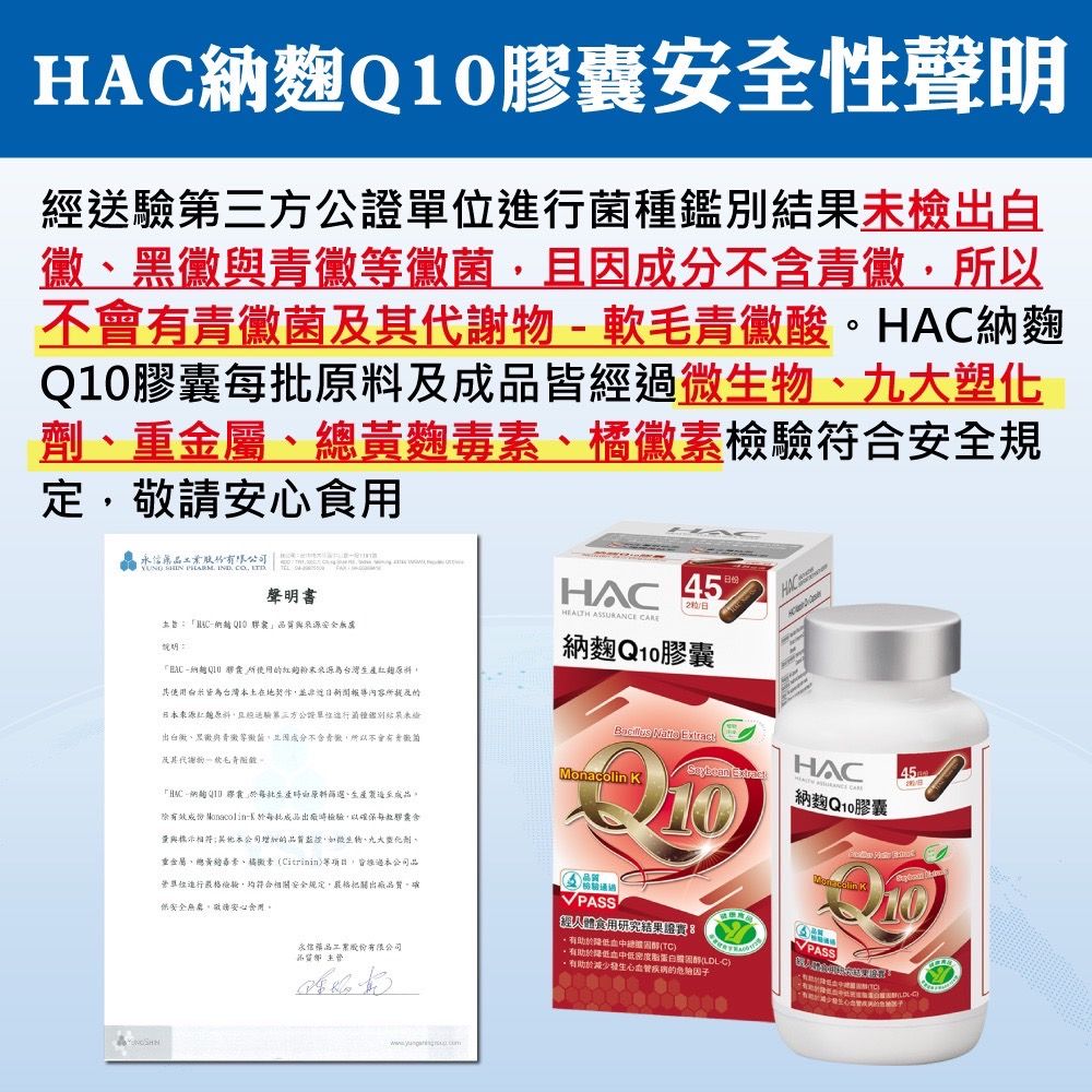 麴Q10性聲明經送驗第三方行結果未檢黑黴菌不以有菌其代謝軟黴HAC麴Q10每批及皆經塑化重金屬總黃麴、符合安全規定用永聲明書HACQ10與安全納Q10 膠囊所使用粉末來源為台灣紅其使用皆為台灣土在地契作非進報導內容及的源紅原料且經送驗第三方公證單位種鑑別出、與青黴菌並因成分不含青所以不會徽菌及其代謝物毛青酸「納食生產原料、生產除有效成份 -成出廠以確保膠囊含量與標示相符本的微生物、九大劑重金屬、總黃毒素、橘黴素Citrinin等,過本公司營單位進行嚴格檢驗,符合相關安全規定,嚴格把關出廠品質確安全,敬請安心永信品股份有限公司品質HACHEALTH ASSURANCE 45/日納麴Q10膠囊  HAC45 ExtractMonacolin K10納麴Q10膠囊檢驗PASS經食用研究果品(TC)。降低中低密度(LDL-C)。有助於減少疾病的PASS