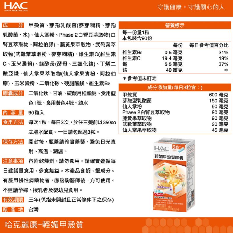 HAC   分甲殼質、芽孢乳酸菌(麥芽糊精、芽孢乳酸菌、水)、仙人掌粉、Phase 2白豆萃取物(白腎豆萃取物、阿拉伯膠)、藤黃果萃取物、武靴葉萃取物(武靴葉萃取粉、麥芽糊精)、維生素C(維生素C、玉米澱粉)、酵母(酵母、三氯化)、丁烯二酸亞鐵、仙人掌果萃取物(仙人掌果實粉、阿拉伯膠)、玉米澱粉、二氧化矽、硬脂酸鎂、維生素B2膠成分 二氧化鈦、甘油、硫酸月桂酯鈉、食用藍色1號、食用黃色4號、純水維生素B2維生素C鐵鉻40微克守護健康守護關心的人營養標示每一份量1粒本包裝含90份每份 每日參考值百分比0.5毫克31%19.4毫克19%5.5 毫克37%*參考值未訂定成分添加量(每日3粒含:)甲殼質600毫克芽孢型乳酸菌仙人掌粉150毫克90 毫克內容量 90粒入Phase 2白腎豆萃取物藤黃果萃取物90 毫克90毫克食用 每次1粒,每日3次,於任三餐前以250cc 武靴葉萃取物之溫水配食。一日請勿超過3粒。90毫克仙人掌果萃取物45 毫克保存方法 開封後,瓶蓋請確實蓋緊,避免日光直HAC30射、高溫、潮濕。 內附乾燥劑,請勿食用。請確實遵循每日建議量食用,多食無益。本產品含蝦、蟹成分。有服用慢性病藥物者,應諮詢醫師後,方可使用。不建議孕婦、授乳者及嬰幼兒食用。有效期限 三年(係指未開封且正常條件下之保存)原產地 台灣哈克麗康-輕媚甲殼質輕媚甲殼膠囊PASS
