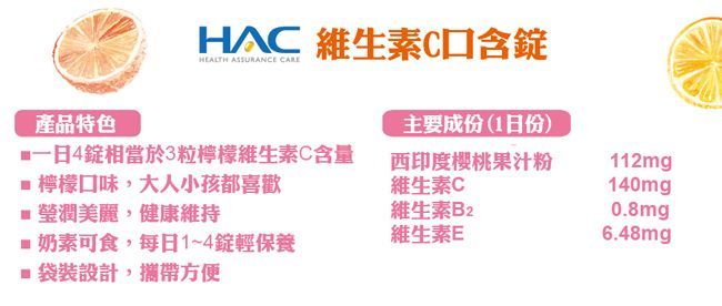 HAC 維生素C口含HEALTH ASSURANCE 產品特色主要成份(1日份)4相當於3粒檸檬維生素C含量西印度櫻桃果汁粉112mg檸檬口味,大人小孩都喜歡維生素C140mg美麗,健康維持奶素可食,每日1~4錠輕保養維生素B20.8mg維生素E6.48mg■袋裝設計,攜帶方便