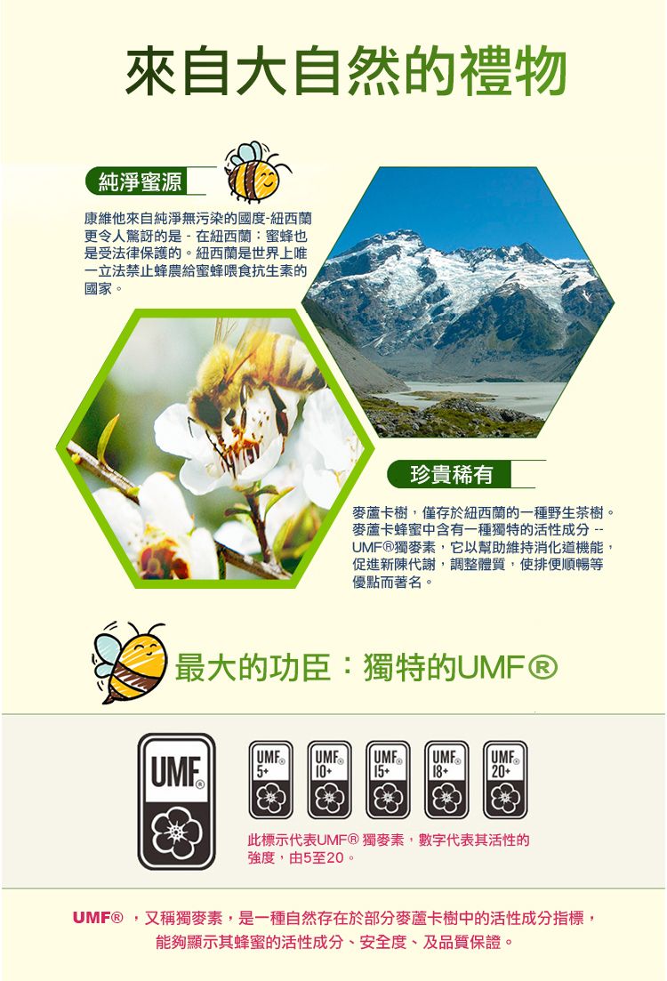 來自大自然的禮物純淨蜜源 康維他來自純淨無污染的國度-紐西蘭更令人驚訝的是-在紐西蘭:蜜蜂也是受法律保護的。紐西蘭是世界上唯一立法禁止蜂農給蜜蜂喂食抗生素的國家。珍貴稀有蘆卡樹,僅存於紐西蘭的一種野生茶樹。麥蘆卡蜂蜜中含有一種獨特的活性成分--UMF®獨麥素,它以幫助維持消化道機能,促進新陳代謝,調整體質,使排便順暢等優點而著名。的功臣:獨特的UMF®| UMF UMF UMFUMF 5+10+15+18+20+此標示代表UMF®獨麥素,數字代表其活性的強度,由5至20。UMF®,又稱獨麥素,是一種自然存在於部分麥蘆卡樹中的活性成分指標,能夠顯示其蜂蜜的活性成分、安全度、及品質保證。