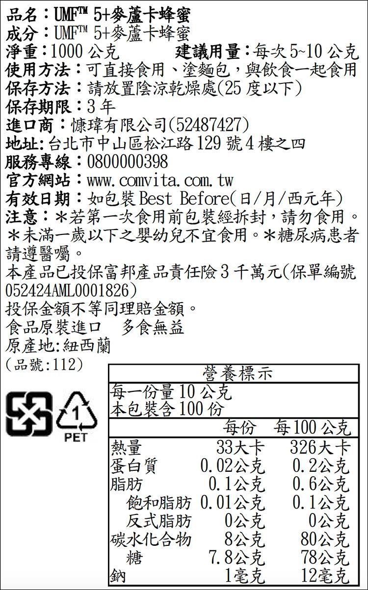 品名:UMF™5+麥蘆卡蜂蜜:UMFT™5+麥蘆卡蜂蜜淨重:1000公克建議用量:每次5~10公克使用方法:可直接食用、塗麵包,與飲食一起食用保存方法:請放置陰涼乾燥處(25度以下)保存期限:3年進口商:慷瑋有限公司(52487427) 地址:台北市中山區松江路129號4樓之四服務專線:0800000398官方網站: comvita. com. tw有效日期:如 Best Before(日/月/西元年)注意:*若第一次食用前包裝經拆封,請勿食用。*未滿一歲以下之嬰幼兒不宜食用。*糖尿病患者「請遵醫囑。本產品已投保富邦產品責任險3千萬元(保單編號052424AML0001826)投保金額不等同理賠金額。食品原裝進口 多食無益原產地:紐西蘭(品號:112)營養標示 本包裝含100份每一份量10公克每份每100公克PET熱量33大卡326大卡蛋白質0.02公克0.2公克脂肪0.1公克0.6公克飽和脂肪0.01公克0.1公克反式脂肪0公克0公克碳水化合物8公克80公克糖7.8公克78公克鈉1毫克12毫克