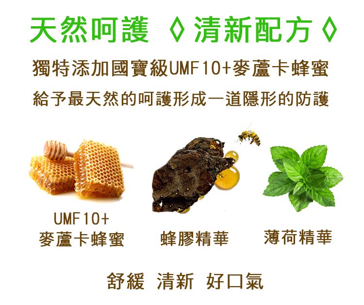 天然呵護 配方獨特添加國寶級UMF10+麥蘆卡蜂蜜給予最天然的呵護形成一道隱形的防護UMF10+麥蘆卡蜂蜜 蜂膠精華薄荷精華舒緩 清新 好口氣