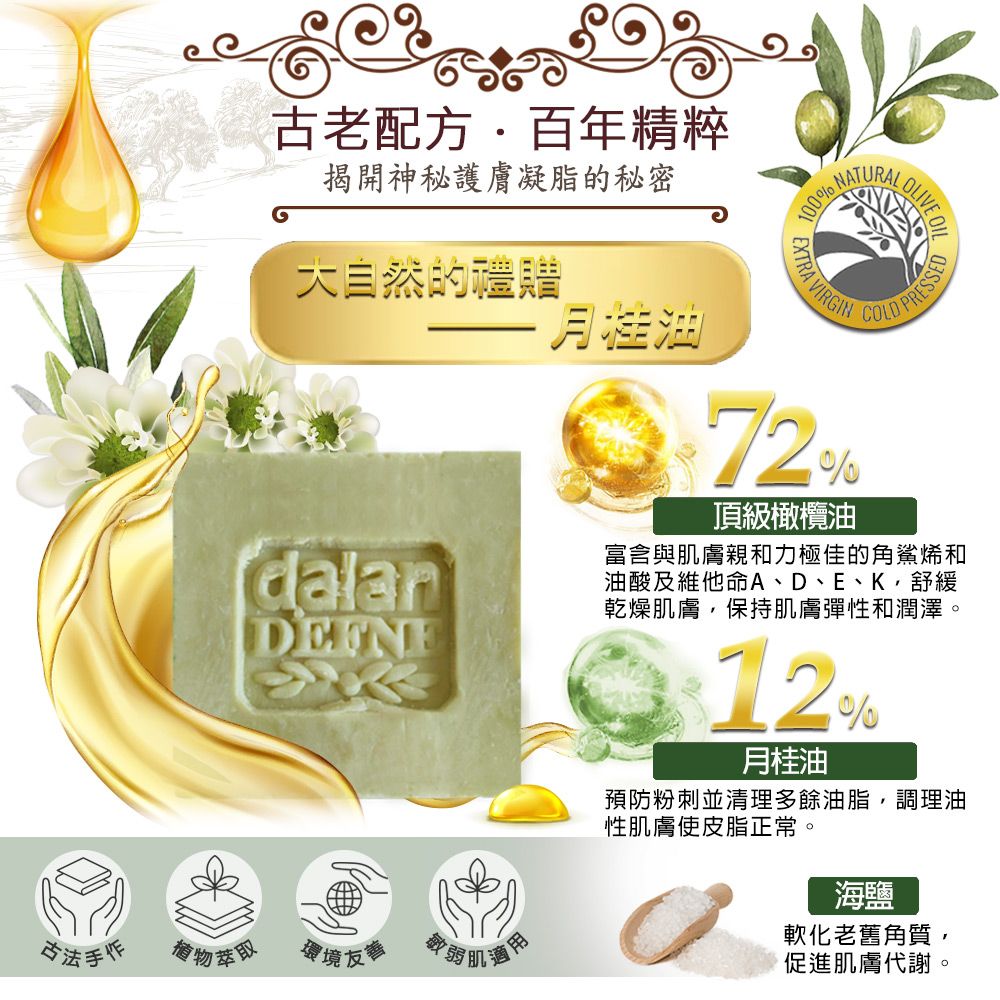 dalan 達欖 【土耳其】月桂橄欖油傳統手工皂150g (12%+72%) 3入