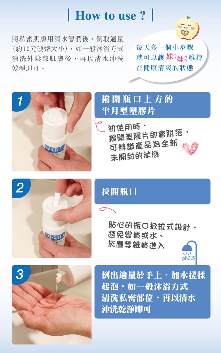 | How to use ? |將私密肌膚用清水濕潤後倒取適量(約10元硬幣大小),如一般沐浴方式清洗外陰部肌膚後,再以清水沖洗乾淨即可。1每天多一個小步驟就可以讓妹妹維持在健康清爽的狀態撥開瓶口上方的半月型塑膠片初使用時,撥開塑膠片即會脫落,可辨識產品為全新未開封的狀態2拉開瓶口3貼心的瓶口掀拉式設計,避免變質或水、灰塵等雜質進入ph3.5倒出適量於手上,加水搓揉起泡,如一般沐浴方式清洗私密部位,再以清水沖洗乾淨即可