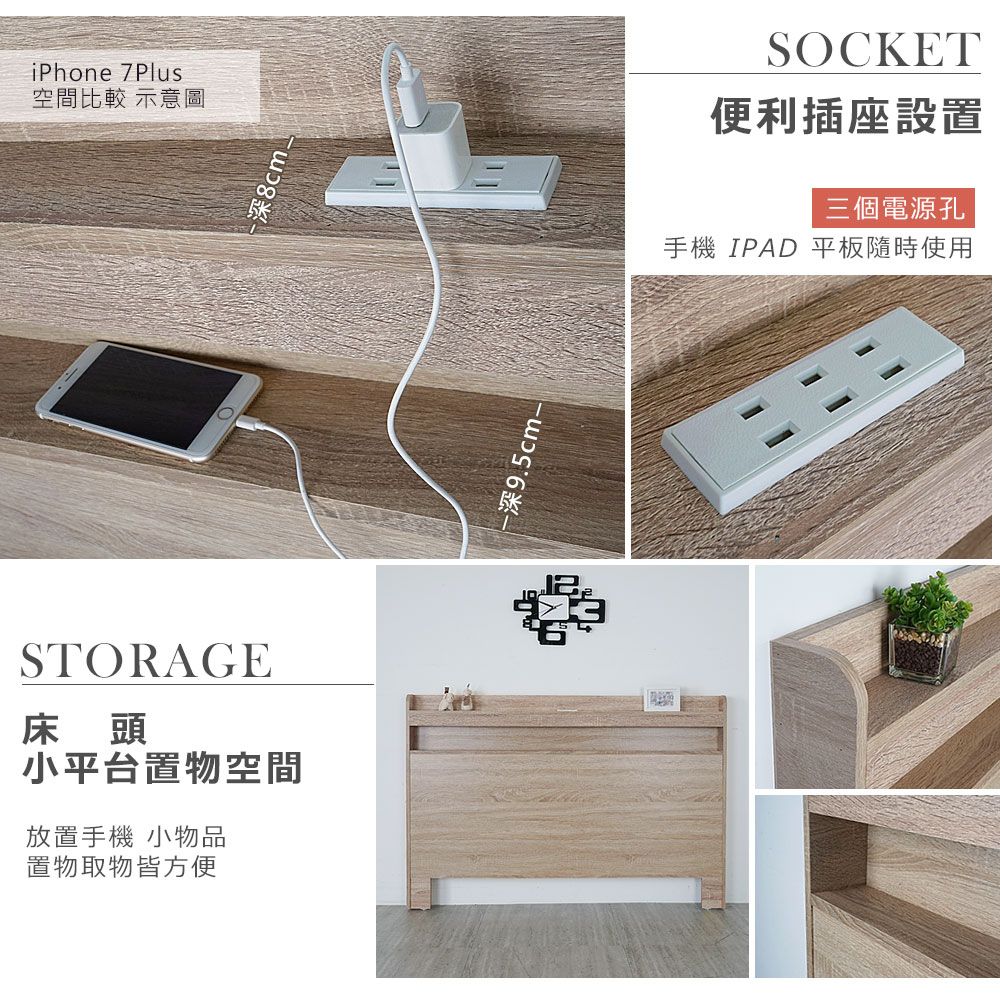 iPhone 7Plus空間比較 示意圖STORAGE床頭小平台置物空間放置手機 小物品置物取物皆方便深8cm_深9.5cm-SOCKET便利插座設置三個電源孔手機 IPAD 平板隨時使用