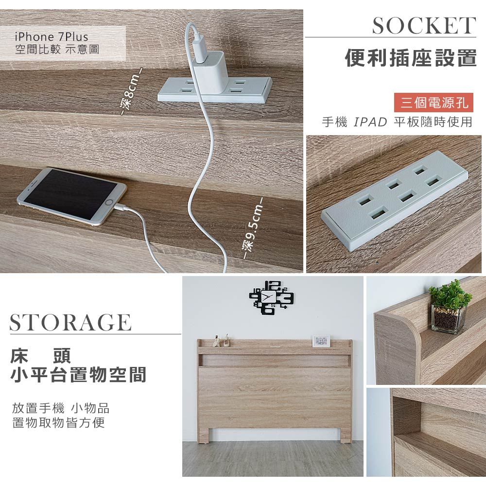 iPhone 7Plus空間比較 示意圖STORAGE床頭小平台置物空間放置手機 小物品置物取物皆方便深8cm_深9.5cm-SOCKET便利插座設置|三個電源孔手機 IPAD 平板隨時使用