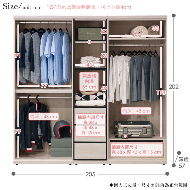 Size/unit:cm O表示此為活動層板可上下調4cm333042開放格32深7755 cm深:48cm深:48cm尺寸寬38深 43 x79118202高15cm抽屜尺寸:寬68x深43x高15cm深度57205因人工丈量,尺寸±5%為正常範圍
