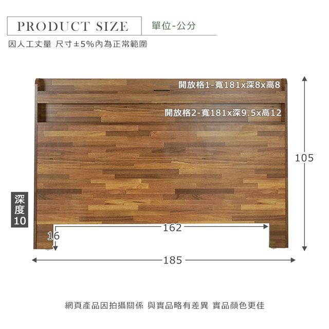 PRODUCT SIZE因人工 尺寸5%為正常範圍單位-公分開放格1-寬181x深8x高8開放格2-寬181x深9.5x高1216216185網頁產品因拍攝關係與實品略有差異 實品顏色更佳105