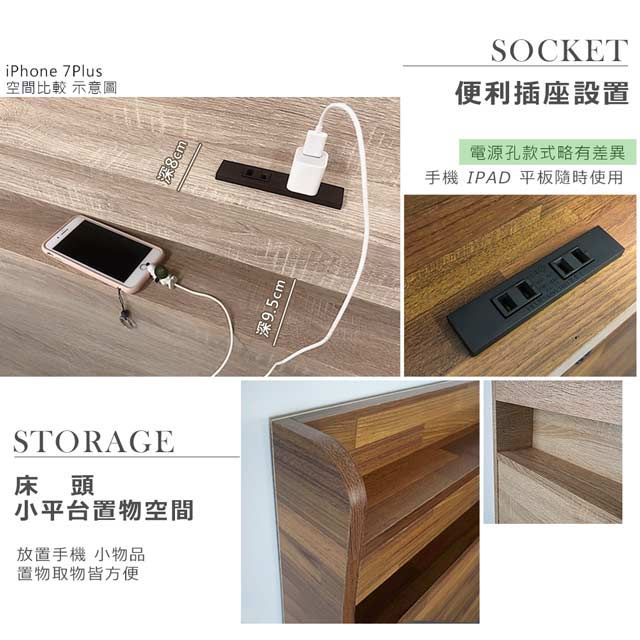 iPhone 7Plus空間比較 示意圖STORAGE床頭小平台置物空間放置手機 小物品置物取物皆方便深9.5cmSOCKET便利插座設置電源孔款式略有差異手機 IPAD平板隨時使用