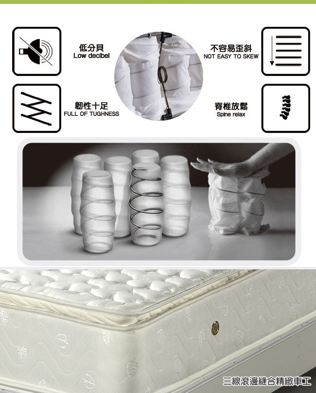 低分貝Low decibel不容易歪斜NOT EASY TO SKEW韌性十足FULL OF TUGHNESS脊椎放鬆Spine relax三線滾邊縫合精緻車工