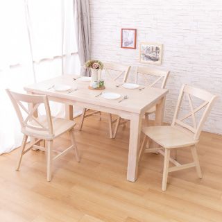AS-卡蘿全實木洗白色餐桌+莫根實木餐椅(一桌四椅組合)