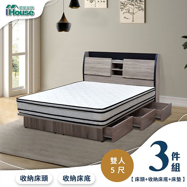 IHouse 愛屋家具 香奈兒 觸控燈光房間3件組(床頭箱+6抽收納+床墊)-雙人5尺