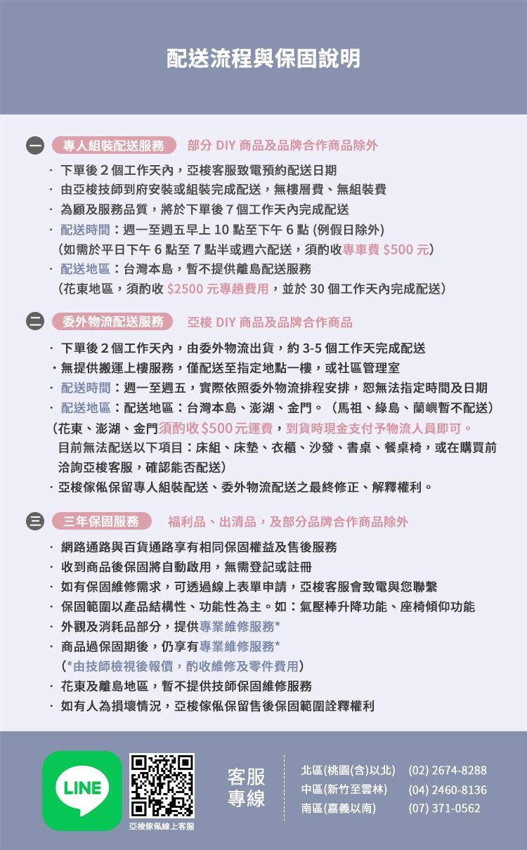 配送流程與保固說明專人組裝配送服务部分DIY商品及品牌合作商品除外下單後2個工作亞客服致電預約配送日期由亞梭技師到府安裝或組裝完成配送,無樓層費、無組裝費為顧及服務品質,將於下單後7個工作完成配送配送時間:週一至週五早上10點至下午6點(例假日除外)(如需於平日下午6點至7點半或週六配送,須酌收專車費$500元)配送地區:台灣本島,暫不提供離島配送服務(花東地區,須酌收$2500元專趟費用,並於30個工作天內完成配送)委外物流配送服務 亞梭 DIY 商品及品牌合作商品下單後2個工作天內,由委外物流出貨,約3-5個工作天完成配送無提供搬運上樓服務,僅配送至指定地點一樓,或社區管理室配送時間:週一至週五,實際依照委外物流排程安排,恕無法指定時間及日期配送地區:配送地區:台灣本島、澎湖、金門。(馬祖、綠島、蘭嶼暫不配送)(花東、澎湖、金門須酌收$500元運費,到貨時現金支付予物流人員即可。目前無法配送以下項目:床組、床墊、衣櫃、沙發、書桌、餐桌椅,或在購買前洽詢亞梭客服,確認能否配送)亞梭傢俬保留專人組裝配送、委外物流配送之最終修正、解釋權利。三年保固服務 福利品、出清品,及部分品牌合作商品除外·網路通路與百貨通路享有相同保固權益及售後服務收到商品後保固將自動啟用,無需登記或註冊如有保固維修需求,可透過線上表單申請,亞梭客服會致電與您聯繫·保固範圍以產品結構性、功能性為主。如:氣壓棒升降功能、座椅傾仰功能·外觀及消耗品部分,提供專業維修服務*商品過保固期後,仍享有專業維修服務*(*由技師檢視後報價,酌收維修及零件費用)·花東及離島地區,暫不提供技師保固維修服務如有人為損壞情況,亞梭傢俬保留售後保固範圍詮釋權利LINE客服專線北區(桃園(含)以北)中區(新竹至雲林)南區(嘉義以南)(02)2674-8288(04) 2460-8136(07) 371-0562亞梭傢俬線上客服