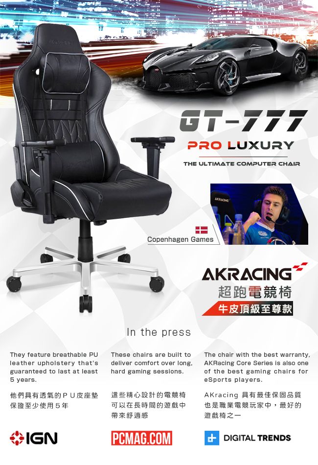 TGT-777PRO LUXURYTHE ULTIMATE COMTER CHAIRCopenhagen GamesThey feature breathable PUleather upholstery thatsguaranteed to last at least5 years他們具有透氣的PU皮座墊保證至少使用5年IGNIn the pressThese chairs are built todeliver comfort over longhard gaming sessions這些精心設計的電競椅可以在長時間的遊戲中帶來舒適感PCMAG.COMAKRACING超跑電競椅牛皮頂級至尊款The chair with the best warranty.AKRacing Core Series is also oneof the best gaming chairs foreSports players.AKracing 具有最佳保固品質也是職業電競玩家中,最好的遊戲椅之一DIGITAL TRENDS