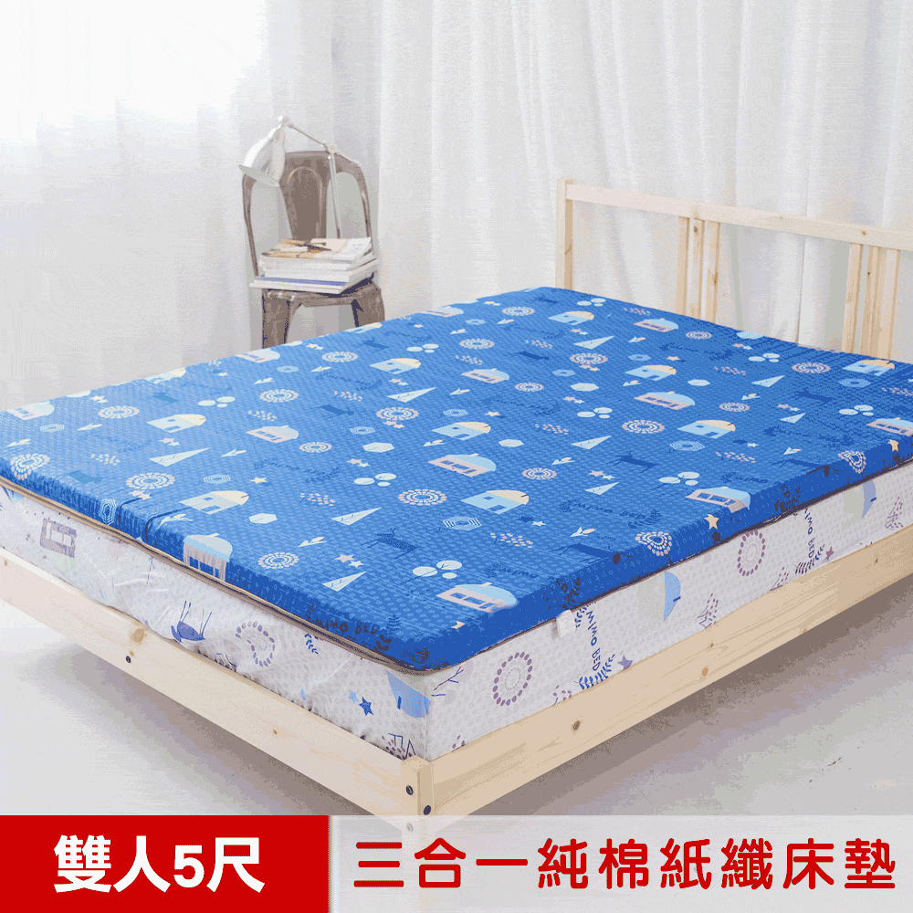 mimo 米夢 【家居】夢想家園-MIT冬夏兩用純棉+紙纖三合一高支撐記憶床墊-雙人5尺(深夢藍)