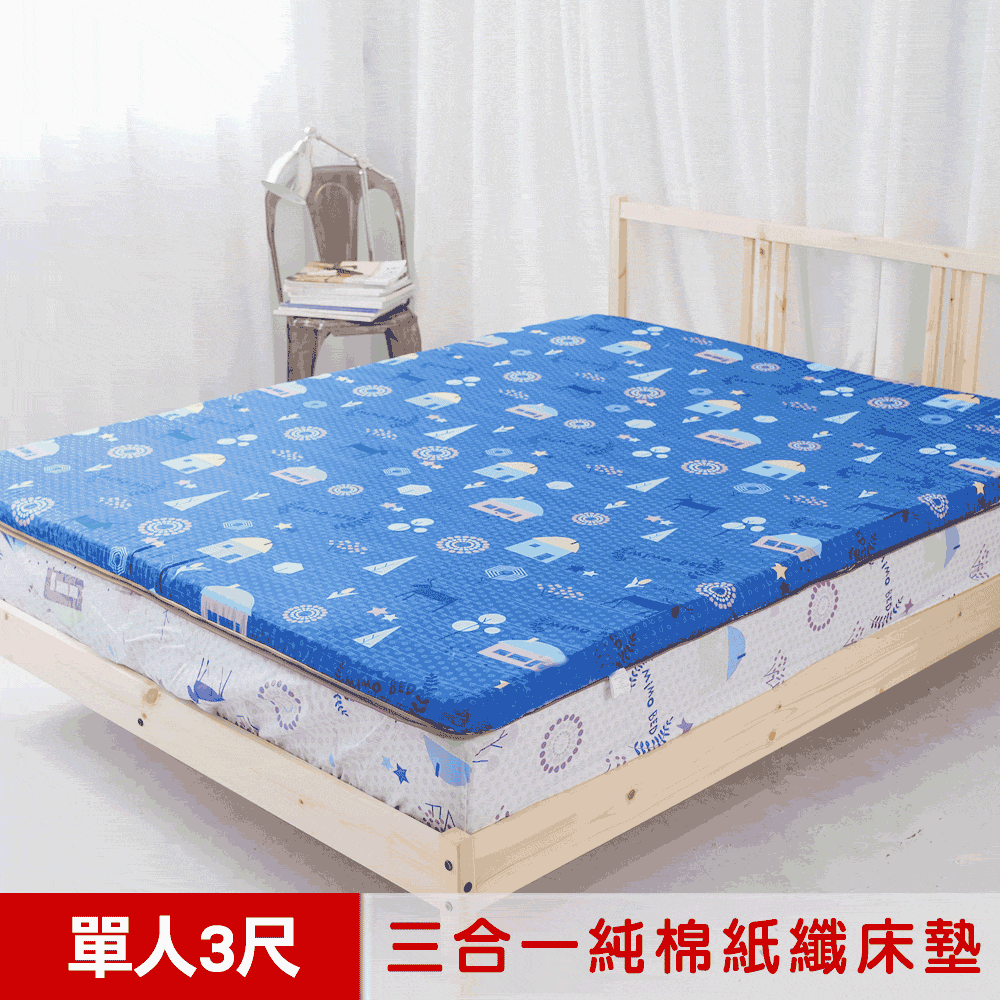mimo 米夢 【家居】夢想家園-MIT冬夏兩用純棉+紙纖三合一高支撐記憶床墊-單人3尺(深夢藍)