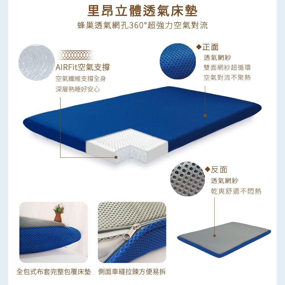 旭川 里昂立體透氣紗AIRFit氧活力4.4CM雙人空氣床墊(感謝伊正真心推薦) 降溫 涼墊 省電 支撐 可水洗