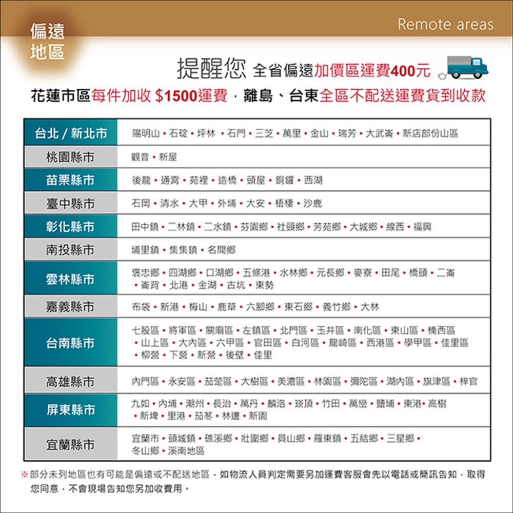 地Remote areas提醒您 全省偏遠加價區運費400元花蓮區每件加收$1500運費離島台東全區不配送運費貨到收款台北/新北市陽明山石碇坪林石門三芝萬里金山瑞芳大武新店部份山區桃園縣市觀音新屋苗栗縣市後龍頭屋銅鑼西湖臺中縣市石   外沙鹿彰化縣市田中林二芬園鄉社頭鄉芳苑鄉大城鄉線西福與南投縣市埔里鎮集 名間鄉雲林縣市嘉義縣市台南縣市高雄縣市屏東縣市縣市褒忠鄉、四湖鄉湖鄉五條港水林鄉元長鄉麥寮田尾橋頭二崙金湖古坑東布袋梅山鹿草六腳鄉東石鄉義竹鄉大林七股區 將軍區關廟區左鎮區 北門區玉井區南化區東山區楠西區山上區 大區六甲區官田區白河區龍崎區西港區學甲區佳里區柳營下營新營後壁佳里內門區永安區區·大樹區·美濃區·林園區·彌陀區·湖內區·旗津區梓官九·內埔·潮州·長治·萬丹·麟洛··竹田·萬巒·鹽埔·東港·高樹·新埤·里港·茄苳·林邊·新園宜蘭市頭城鎮·礁溪鄉·壯圍鄉·員山鄉·羅東鎮·五結鄉·三星鄉冬山鄉溪南地區部分未列地區也有可能是偏遠或不配送地區如物流人員判定需要另加運費客服會先以電話或簡訊告知取得您同意現場告知您另加收費用