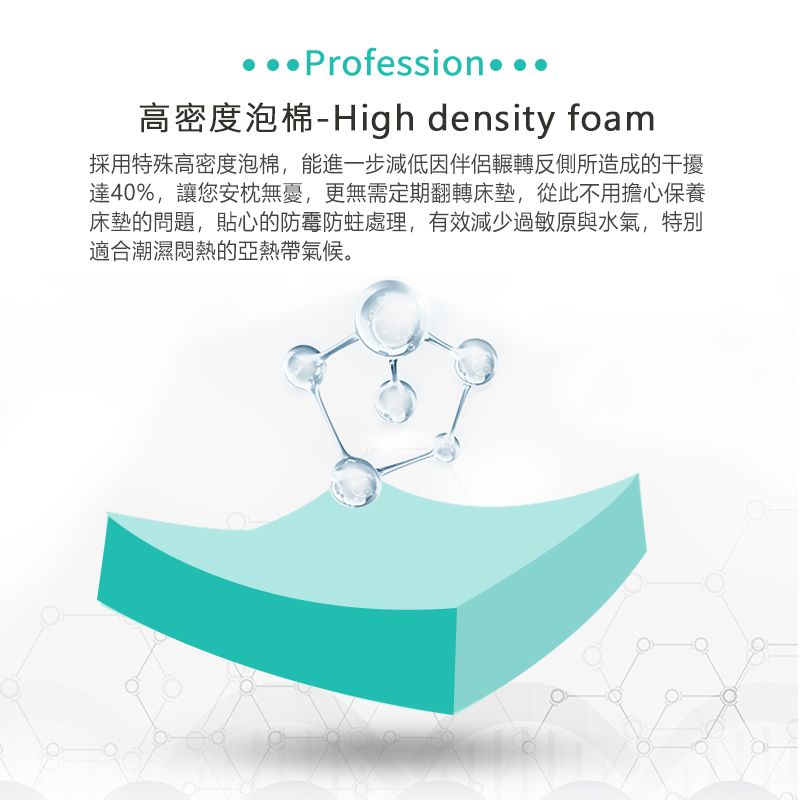 Profession高密度泡棉-High density foam採用特殊高密度泡棉,能進一步減低因伴侶輾轉反側所造成的干擾達40%,讓您安枕無憂,更無需定期翻轉床墊,從此不用擔心保養床墊的問題,貼心的防霉防蛀處理,有效減少過敏原與水氣,特別適合潮濕悶熱的亞熱帶氣候。