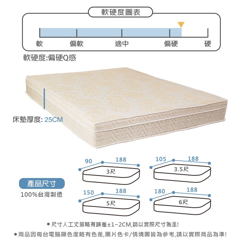 軟硬度圖表軟偏軟適中偏硬硬軟硬度:偏硬Q感床墊厚度:25CM188105903.5尺3尺188產品尺寸100%台灣製造1501881801885尺6尺尺寸人工丈量略有誤差±1~2CM,請以實際尺寸為準!商品因每台電腦顯色度略有色差,圖片色卡/情境圖皆為參考,請以實際商品為準!