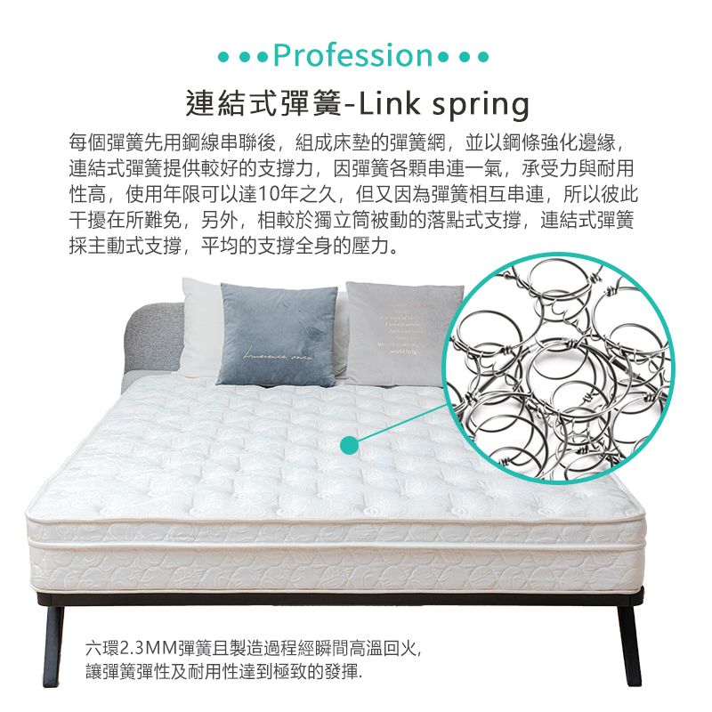 Profession連結式彈簧-Link spring每個彈簧先用鋼線串聯後,組成床墊的彈簧網,並以鋼條強化邊緣,連結式彈簧提供較好的支撐力,因彈簧各顆串連一氣,承受力與耐用性高,使用年限可以達10年之久,但又因為彈簧相互串連,所以彼此干擾在所難免,另外,相較於獨立被動的落點式支撐,連結式彈簧採主動式支撐,平均的支撑全身的壓力。六環2.3MM彈簧且製造過程經瞬間高溫回火,讓彈簧彈性及耐用性達到極致的發揮.