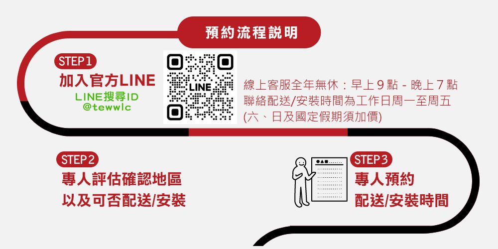 STEP 1加入官方LINELINE搜尋ID@tewwlc預約流程說明線上客服全年無休:早上9點- 晚上7點聯絡配送安裝時間為工作日周一至周五(六、日及國定假期須加價)STEP2專人評估確認地區以及可否配送/安裝STEP 3專人預約配送/安裝時間