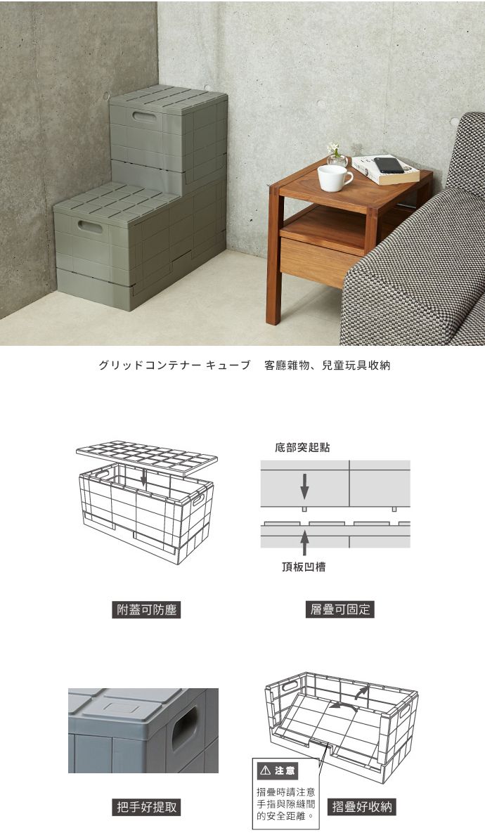 客雜物、兒童玩具收納附蓋可防廳底部突起點頂板凹槽 注意層疊可固定把手好提取時請注意手指與隙縫間的安全距離。|摺疊好收納