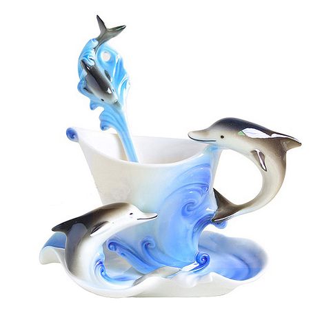 Pure 海豚造型精緻骨瓷杯(藍色)