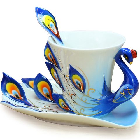 Pure 孔雀造型精緻骨瓷杯(藍色)