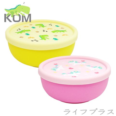 【一品川流】食品級矽膠隔熱碗-矽膠蓋-粉色獨角獸X1入+黃色恐龍X1入 (贈送兒童湯匙)