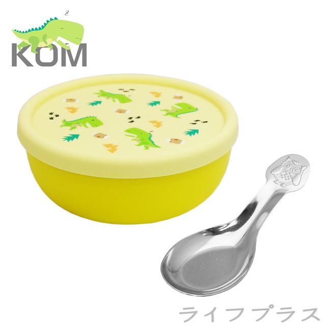  【一品川流】食品級矽膠隔熱碗-矽膠蓋-黃色恐龍-2入組 (贈送兒童湯匙)