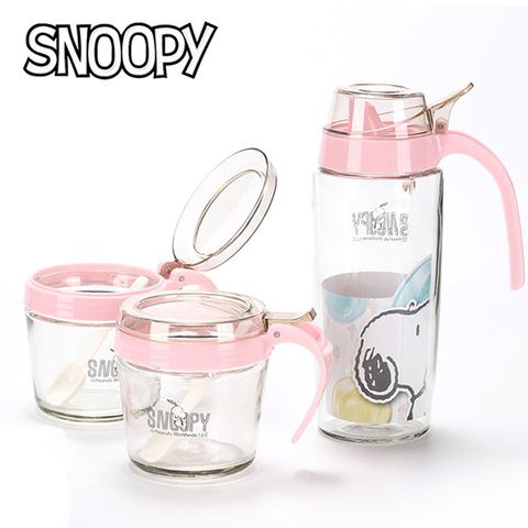 【優廚寶】SNOOPY史努比玻璃油壺調味罐三件套裝組/附勺子/廚房用品調味罐