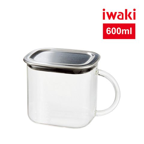 iwaki 日本耐熱玻璃不銹鋼蓋方型把手收納盒600ml